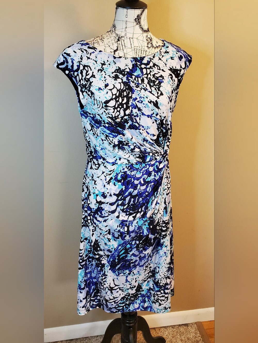 212 Collection Womens M Blue Abstract Sleeveless Ruched Side Knee Length Dress